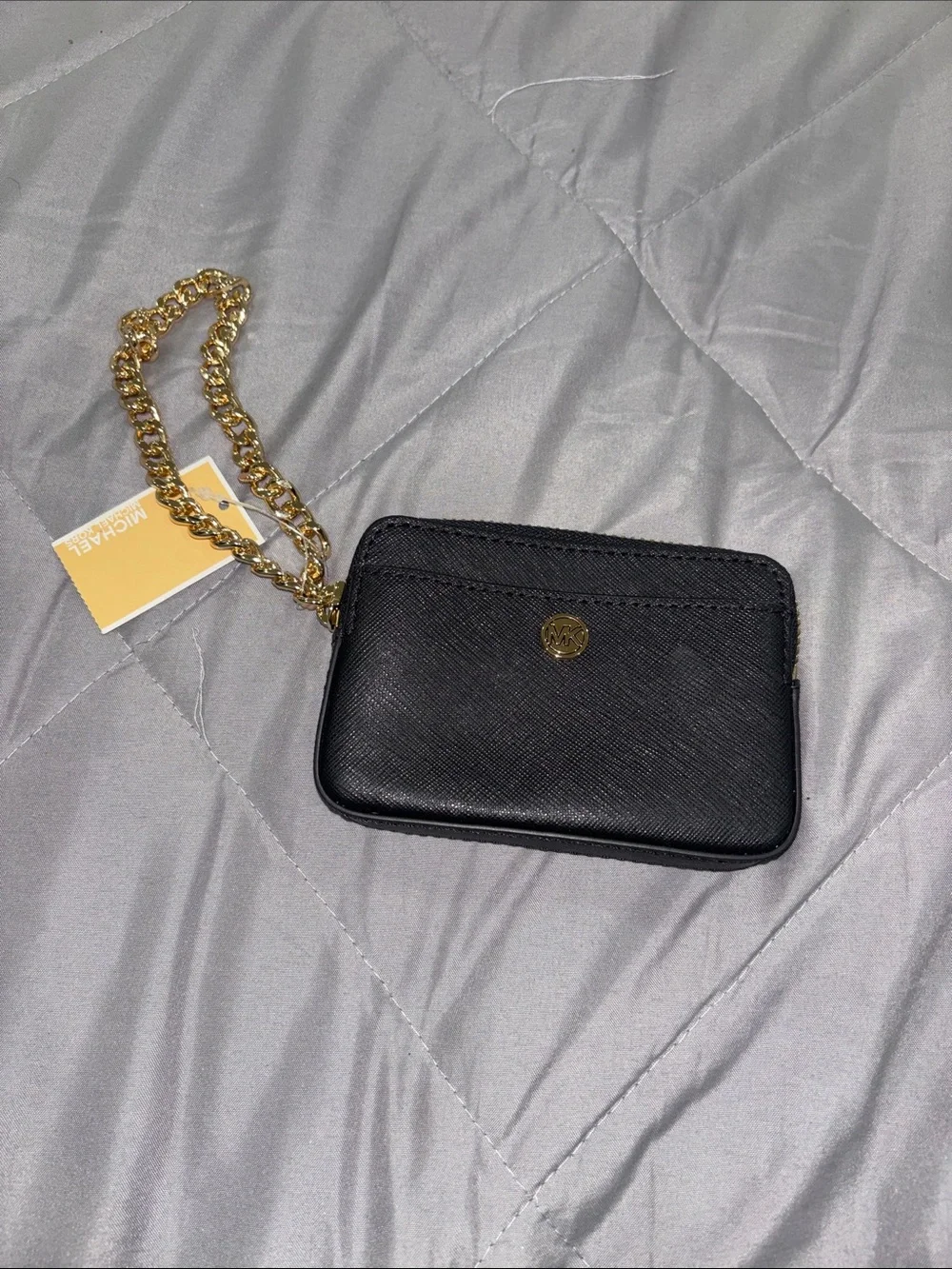 Michael Kors Black Saffiano Leather Chain Wristlet with Gold Hardware